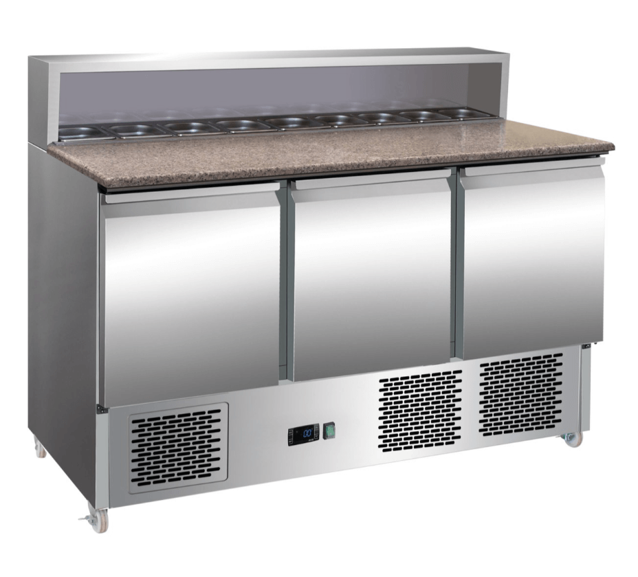Stainless steel refrigerated pizza table with granite top and three doors for easy access and storage.