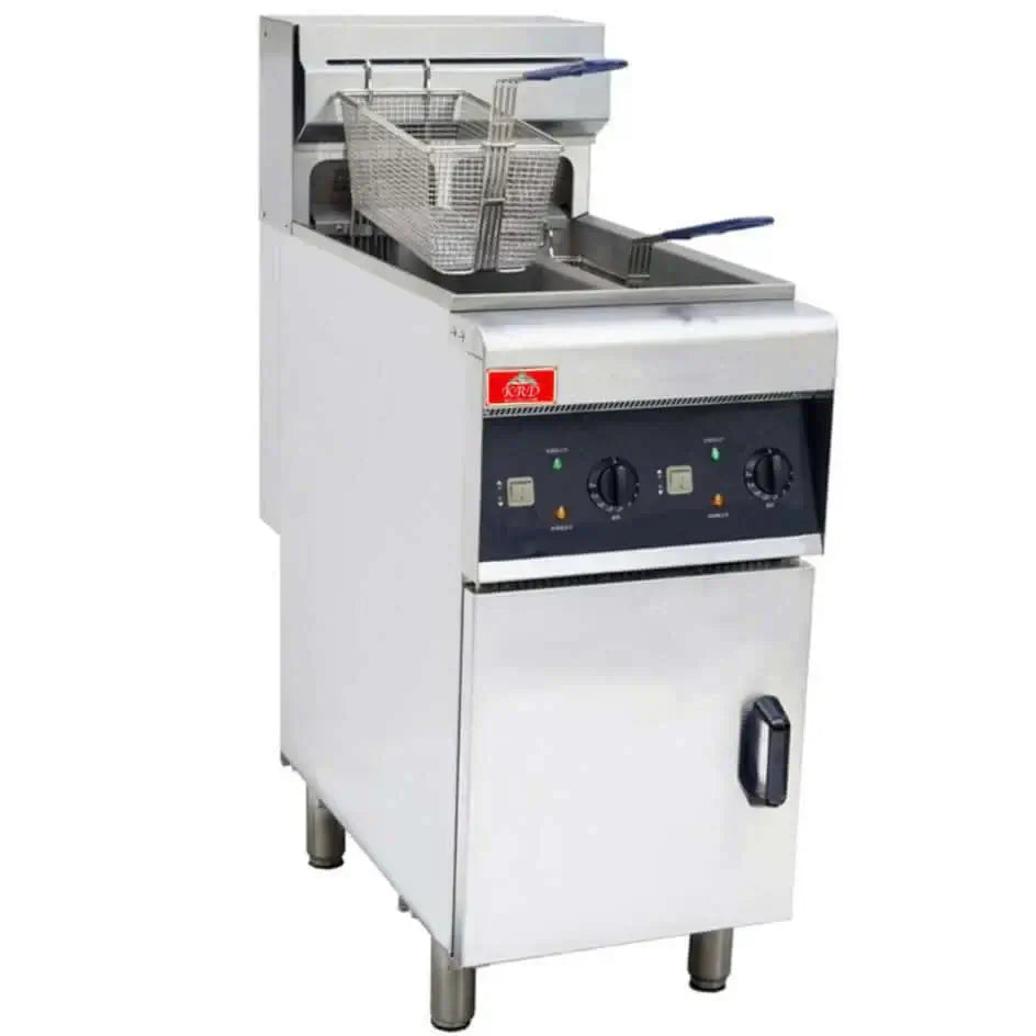 Commercial electric fryer with dual baskets, adjustable temperature controls, ideal for restaurants and catering.