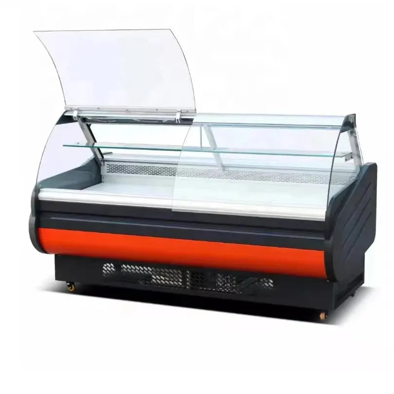 Serve over counter deli display refrigerator with glass lid and sleek design for showcasing chilled food.