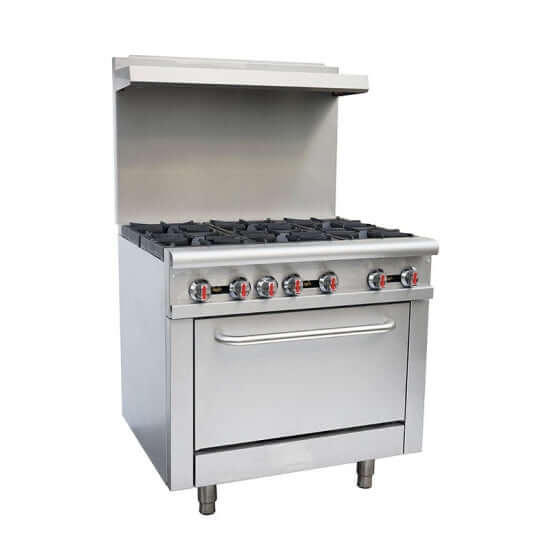 Commercial gas range oven with stovetop cookers, designed for heavy-duty kitchen use and high-performance cooking.
