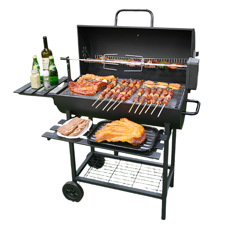 A gas BBQ grill featuring skewered meats, sausages, and sides, perfect for al fresco dining and summer gatherings.