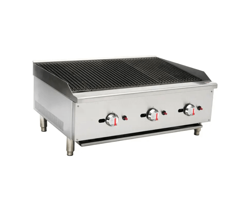 Professional stainless steel chargrill with three adjustable burners for perfect grilling.