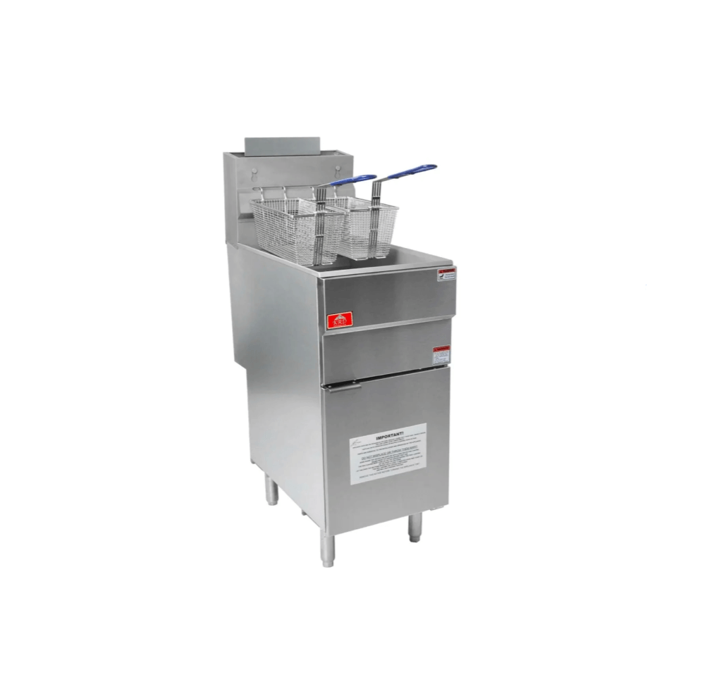 Commercial deep fat fryer with baskets, ideal for electric or gas kitchen setups, ensuring high-performance cooking.
