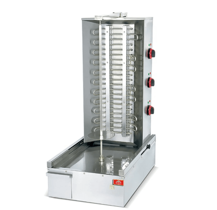 Stainless steel doner kebab machine grill featuring multiple skewer slots and temperature controls for perfect cooking.