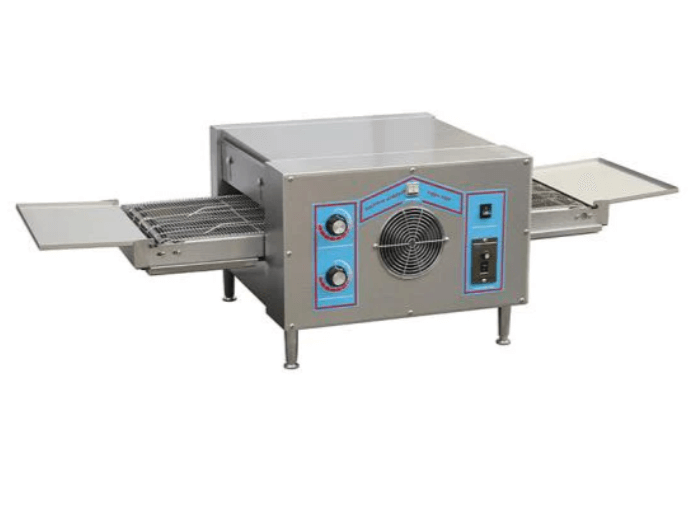 Compact commercial electric pizza oven with adjustable temperature, timer, and non-stick cooking area.