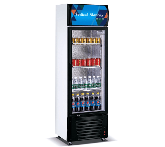 Vertical showcase refrigerator displaying a variety of chilled beverages, ideal for convenience stores and events.