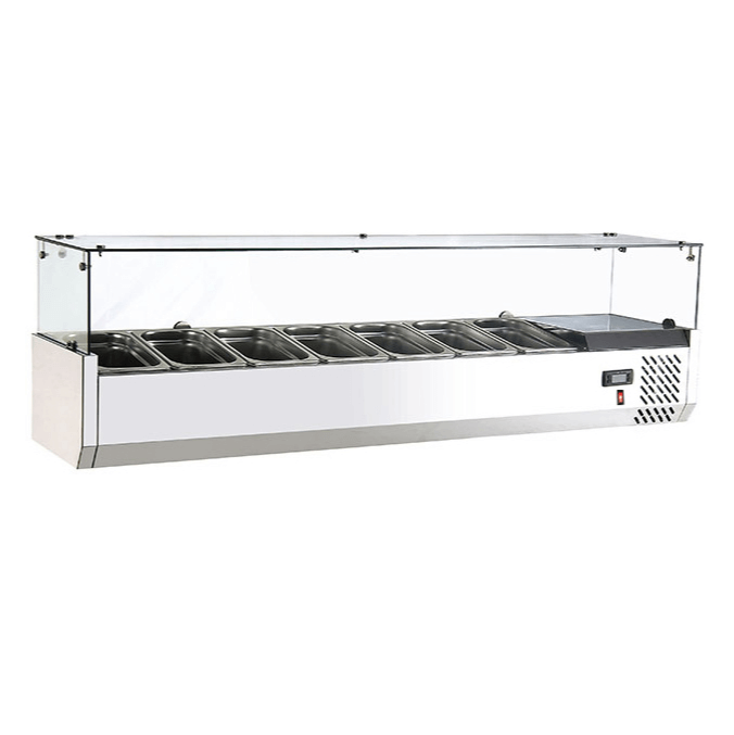 Stainless steel refrigerated prep top with multiple compartments for efficient food storage and preparation.
