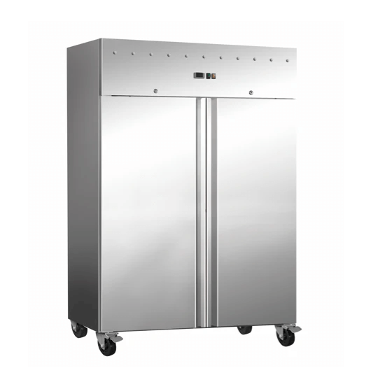 Stainless steel upright freezer on wheels, perfect for kitchens and canteens, designed for durability and efficient food storage.