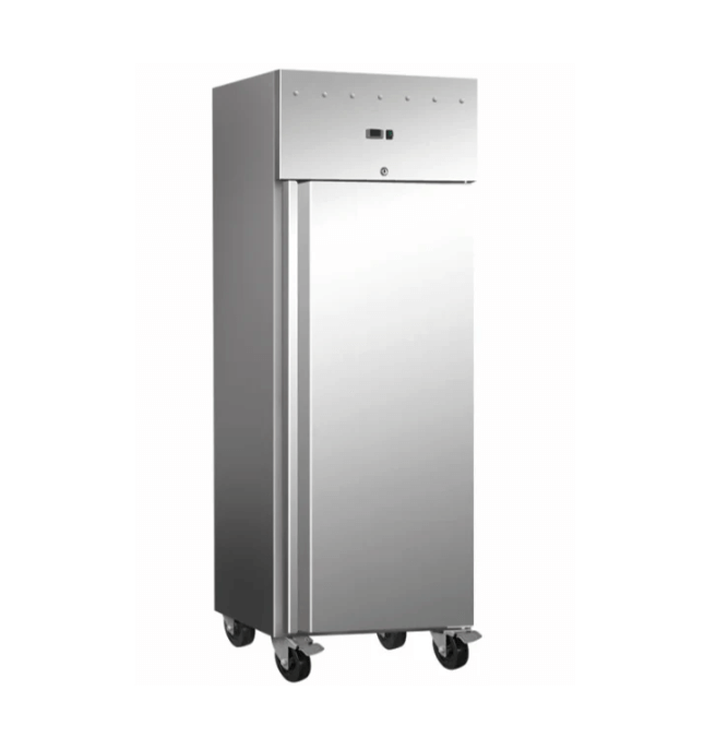 Stainless steel upright fridge on wheels, ideal for commercial kitchens and food storage.