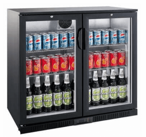 Back bar refrigerator with glass doors displaying a variety of soda and beer bottles in an organized layout.