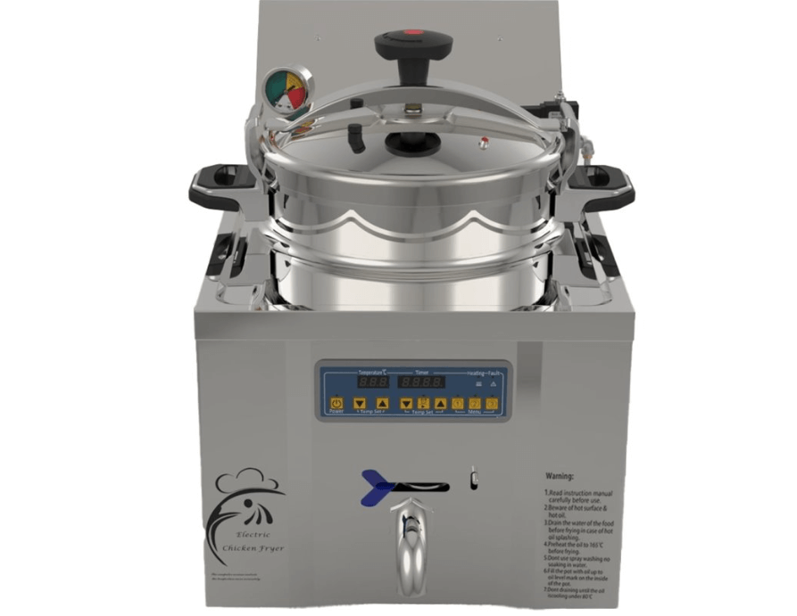 Industrial electric pressure fryer with digital controls for crispy frying results and juicy meats.