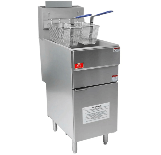 Durable standing gas fryer with three baskets, ideal for commercial kitchens and high-performance cooking.