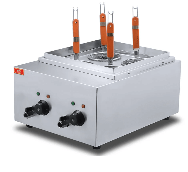 Commercial pasta cooker with stainless steel pans and orange handles, ideal for high-volume pasta preparation.