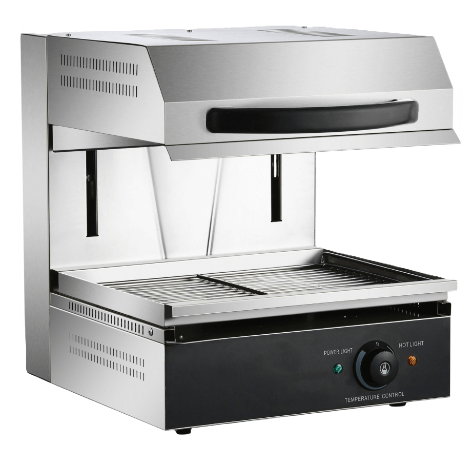 Commercial tabletop salamander broiler for kitchen cooking needs, featuring temperature control and stainless steel design.