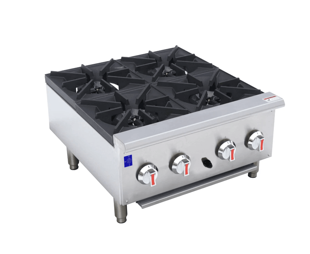 Stainless steel gas hotplate cooker with four knobs and cast iron burners for commercial kitchen efficiency.