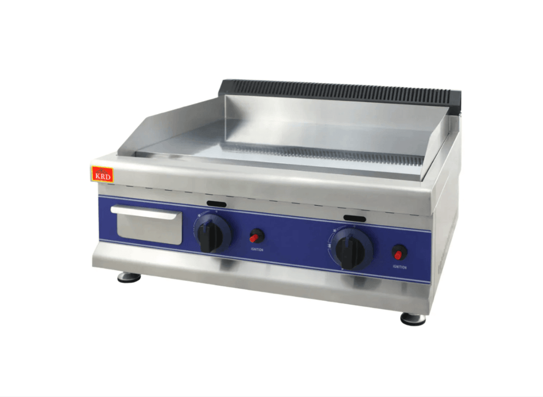 High-performance gas griddle with stainless steel surface and adjustable knobs for outdoor cooking.