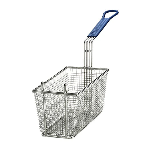 Blue rectangular frying basket made of nickel-plated steel, ideal for deep frying chips and other foods.