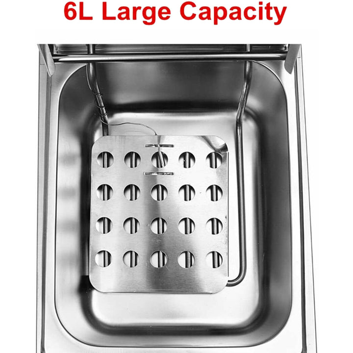 Inside view of 6L electric fryer showing large stainless steel tank and cooking basket for professional use.
