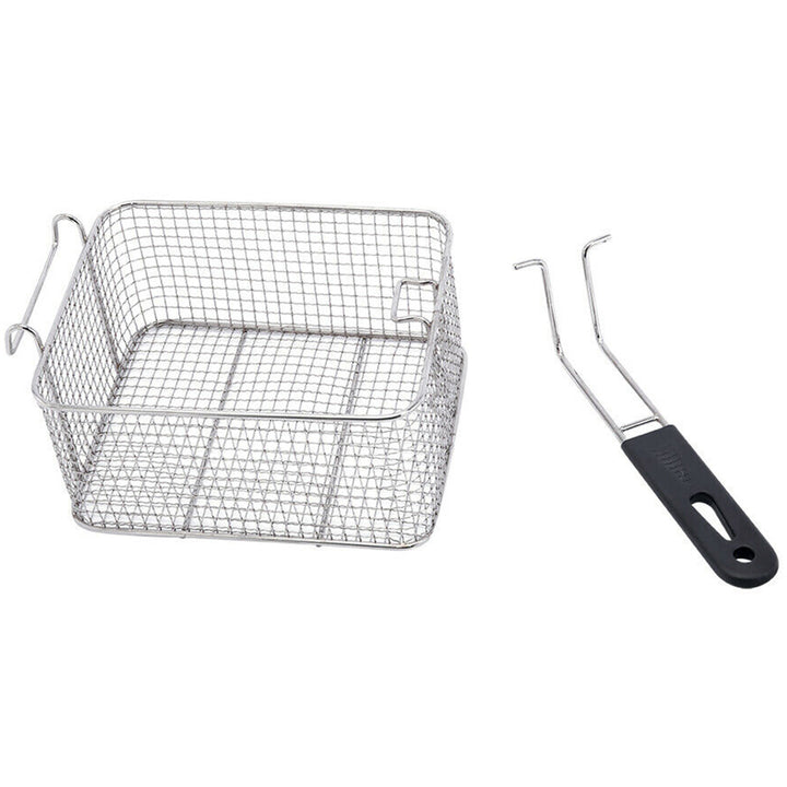 Stainless steel fryer basket with handle and a fryer tool, perfect for safe food handling in commercial kitchens.