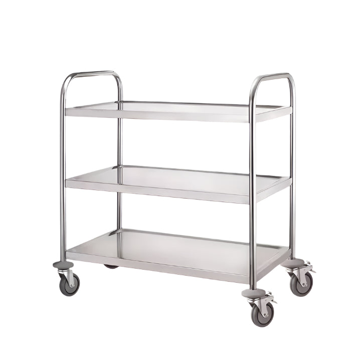 Stainless steel 3-tier serving trolley with wheels, ideal for restaurants and catering services.