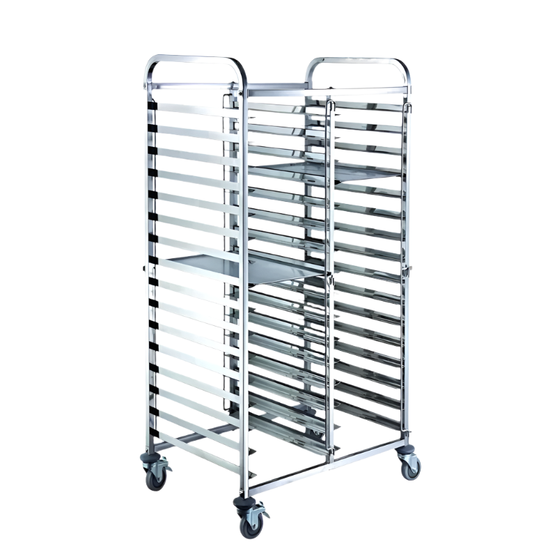 Stainless steel rack trolley with dual row and 15 tiers for GN1/1 pans, featuring four castors for easy mobility.