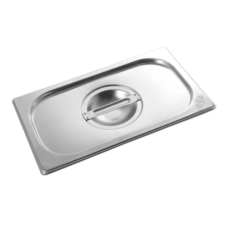 Stainless steel gastronorm lid GN 2/1 for heat retention and food preservation.