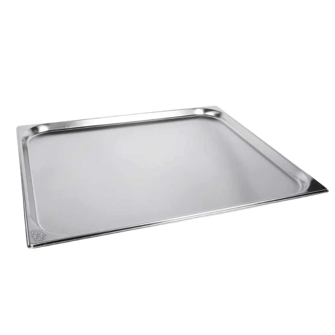 Stainless steel gastronorm pan GN 2/1 with 20mm depth for cooking and serving larger quantities.