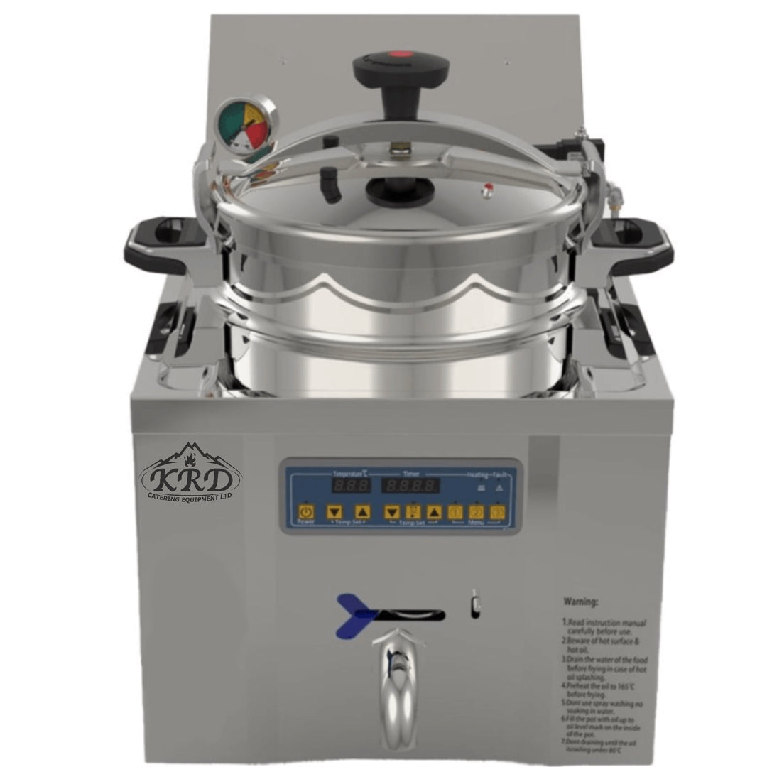 KRD Commercial Pressure Fryer 22 Litres 3.5KW Electric Countertop MZ22 with digital display and safety features.