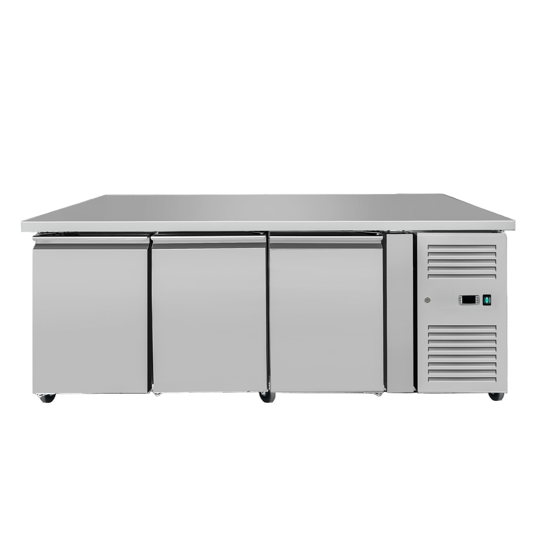 Stainless steel refrigerator with three doors on a white background