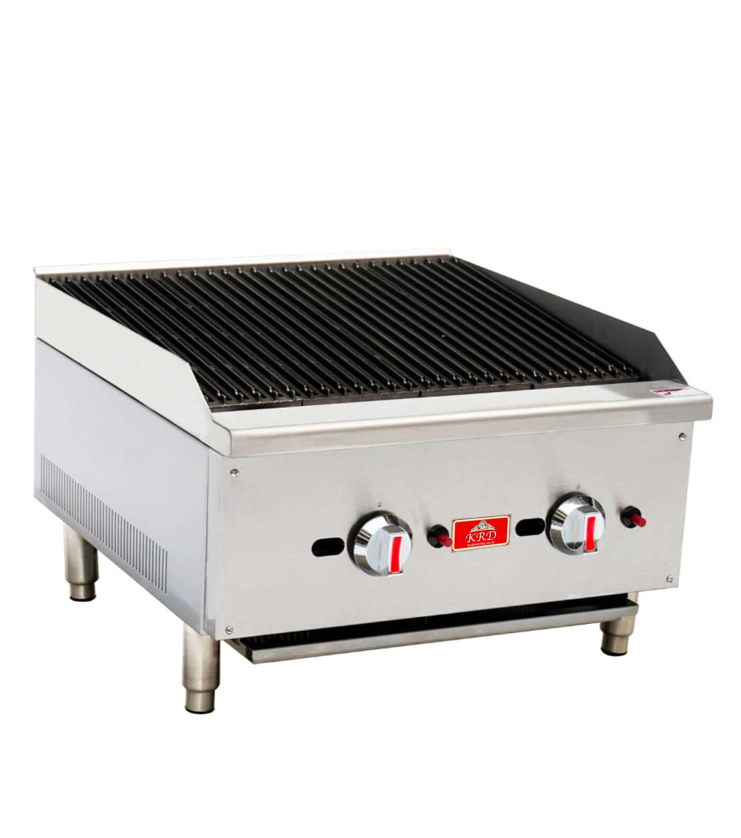 KRD Professional Natural Gas Chargrill 2 burners, 15kW power for restaurants, featuring radiant design and heat-retaining grids.