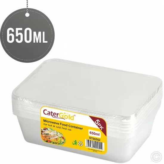 650ML microwave plastic food container, 5 pack, ideal for takeaway and food storage, freezer and microwave safe.