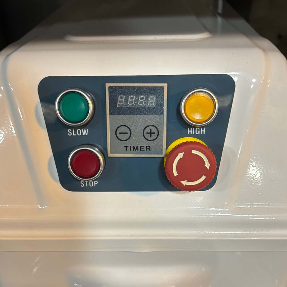 KRD Professional Spiral Dough Mixer control panel featuring timer and speed settings for efficient dough mixing.