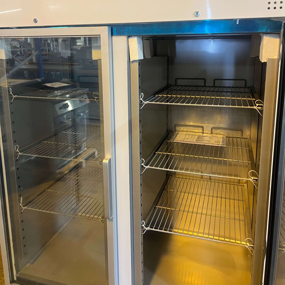 KRD 1476L commercial refrigerator twin glass door interior with shelves, stainless steel, GN2/1 size for catering use.