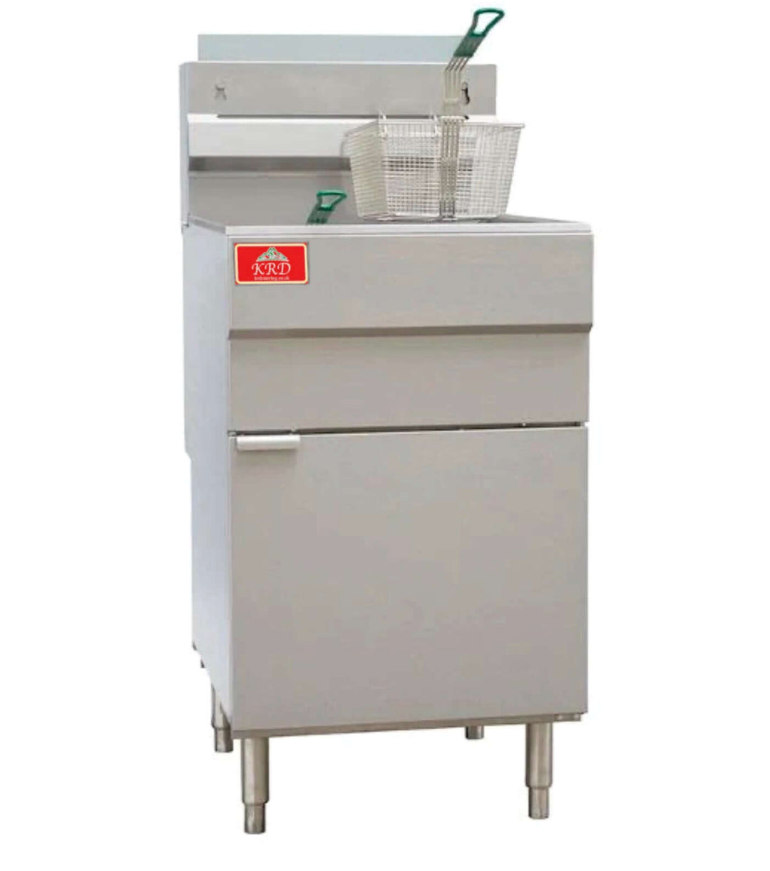 KRD Twin Basket Professional Free Standing Deep Fat Fryer Gas Single Tank 36 Litres 44kW GF150 for high-volume cooking.