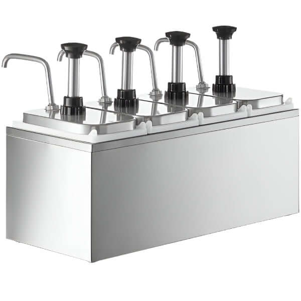 KRD Commercial Condiment Dispenser with 4 pumps, stainless steel design, ideal for storing sauces and toppings.