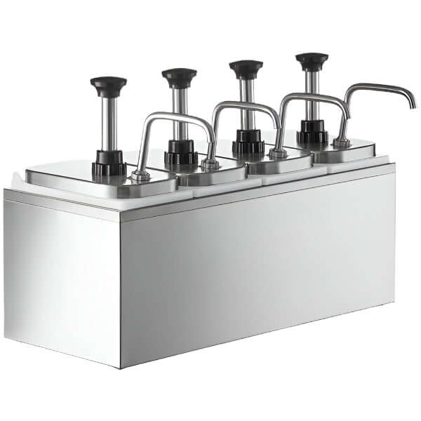 KRD Commercial condiment dispenser with 4 stainless steel pumps for efficient topping storage.