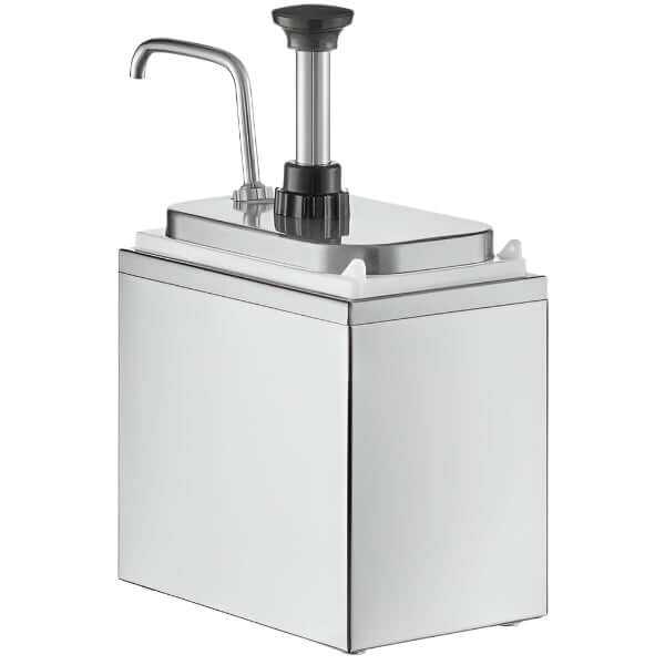KRD Commercial stainless steel condiment dispenser with pump for sauces and toppings in foodservice.
