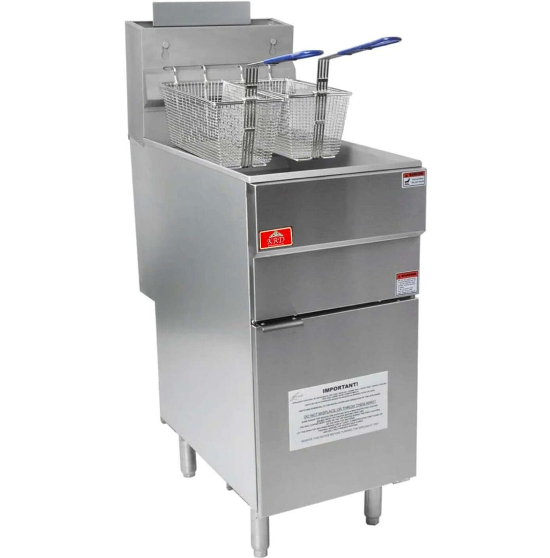 KRD Commercial Gas Tube Fryer 20L GF90 with three baskets, stainless steel design, and cold zone for consistent frying.