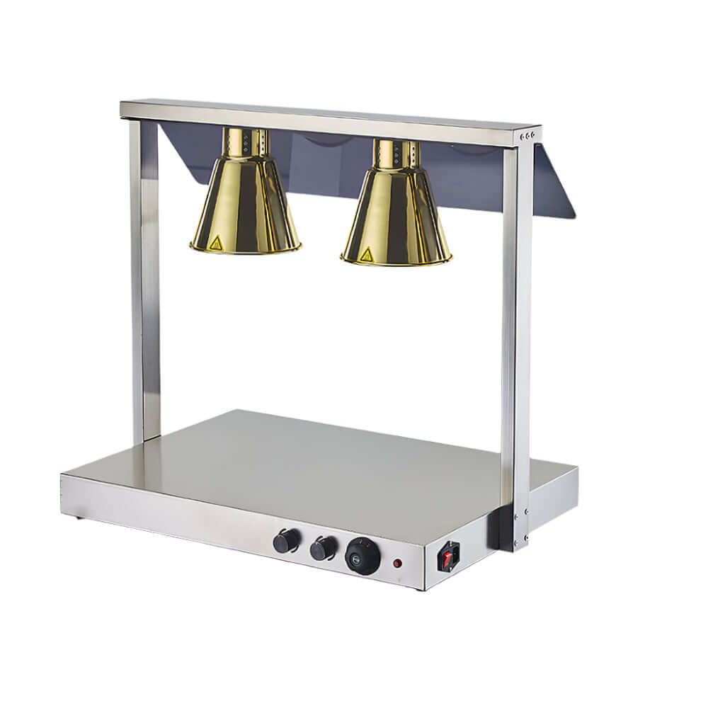 KRD Double Buffet food warmer featuring 2 infrared lamps and sneeze guards for efficient food warming in restaurants.