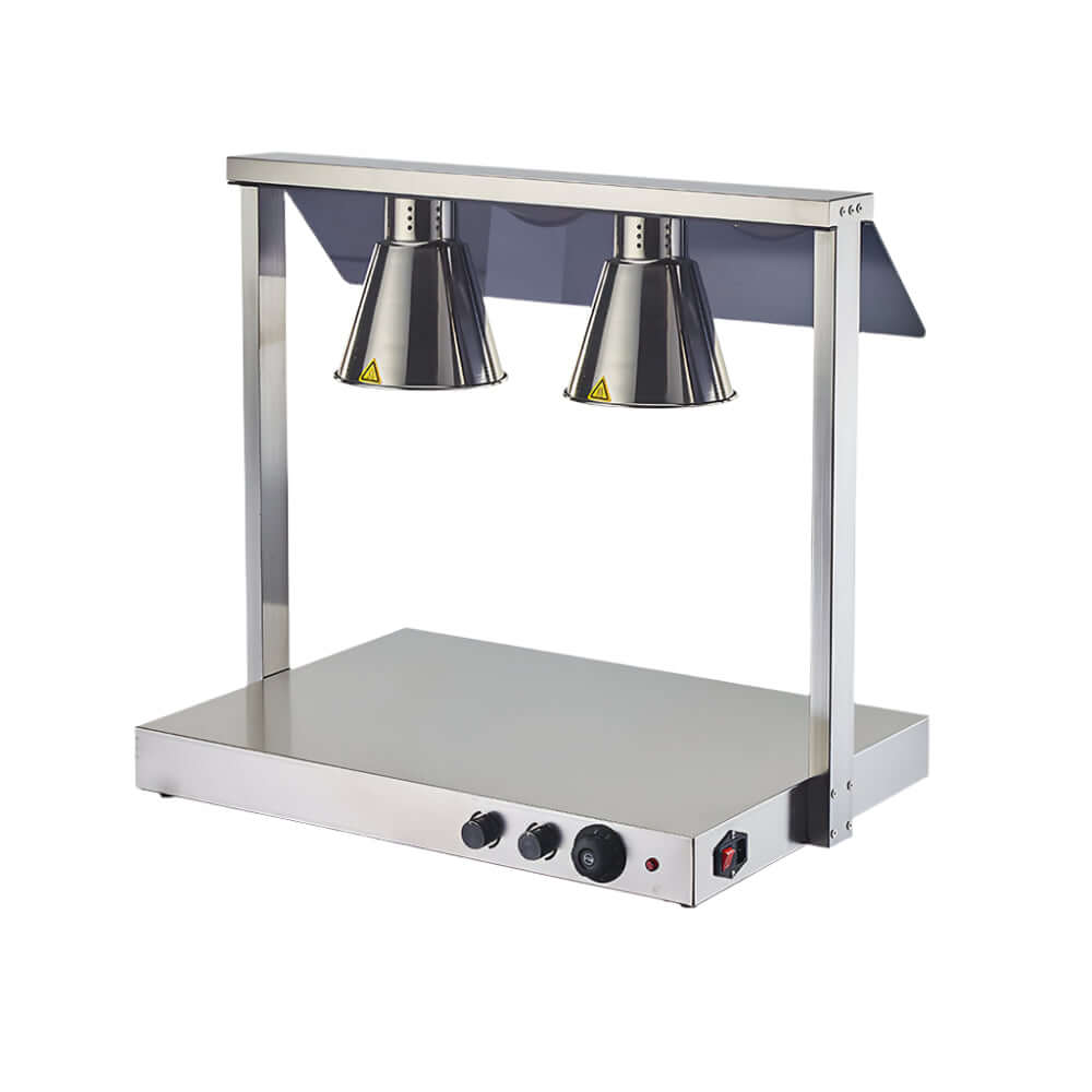 KRD Double Buffet food warmer with 2 infrared lamps and sneeze guards, perfect for keeping food hot in restaurants and catering.