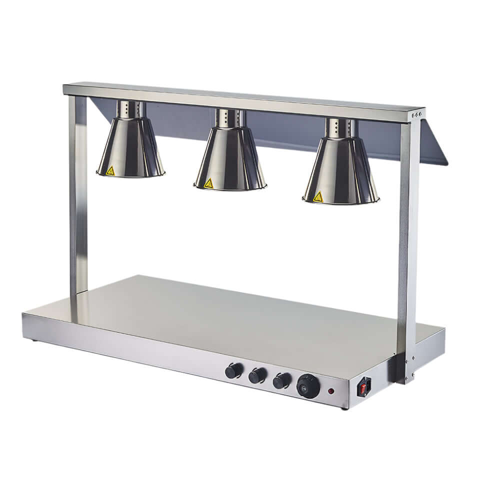 KRD Triple Buffet food warmer with gantry and 3 infrared lamps, ideal for restaurants and catering services.