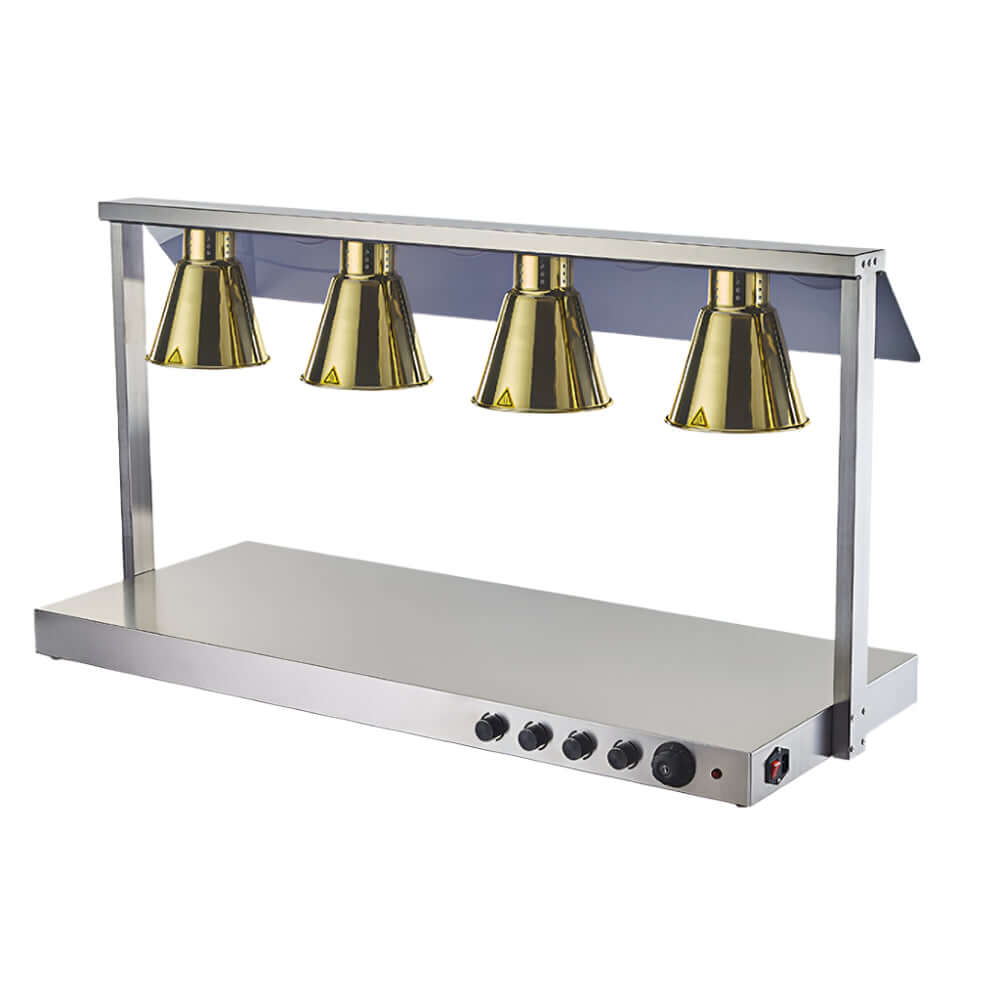 KRD buffet food warmer with stainless steel, 4 infrared lamps, and sneeze guards, ideal for restaurants and catering.