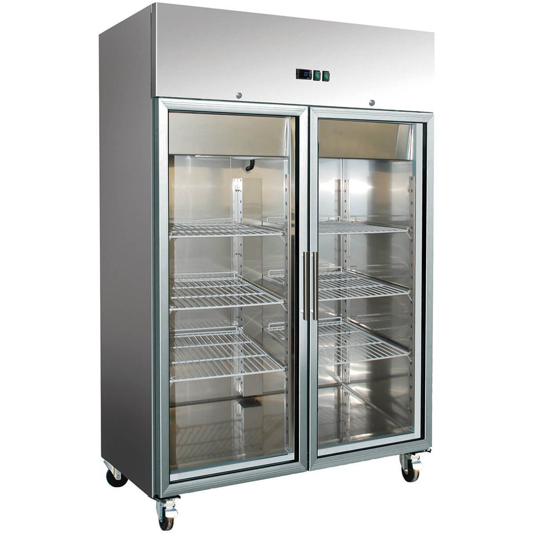 KRD 1476L stainless steel upright commercial refrigerator with twin glass doors and ventilated cooling system.