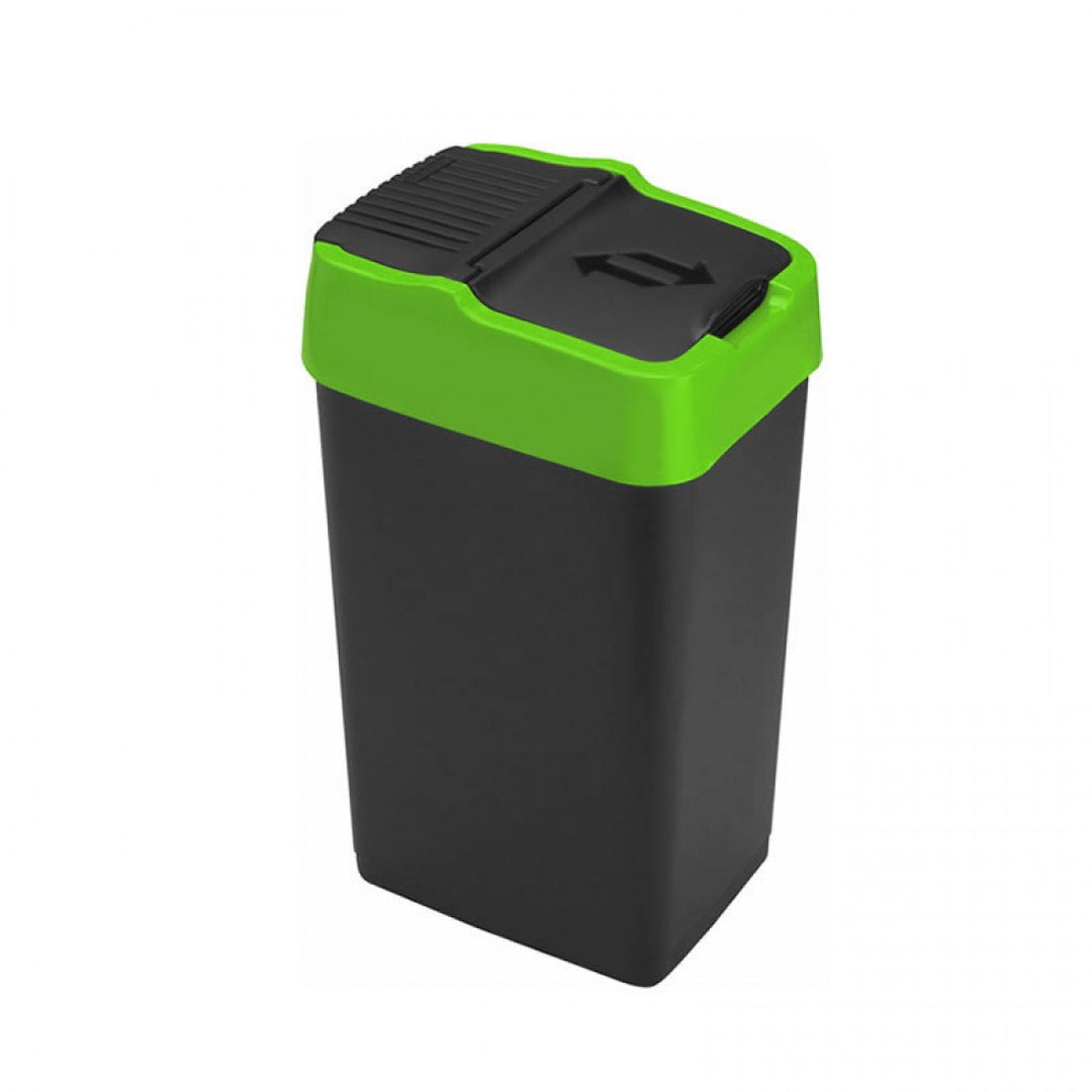 60L plastic swing bin for recycling, black body with green lid, ideal for kitchen waste disposal.