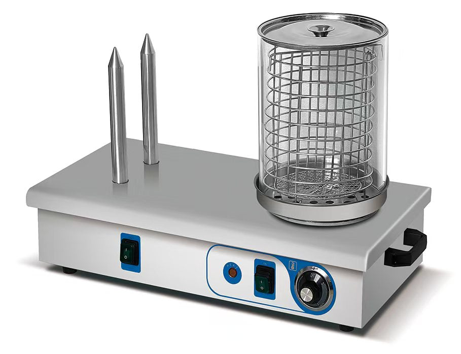 KRD Commercial Hot Dog Warmer model HDD-02 with two bun spikes and heat circulation feature, 430x310x415mm.