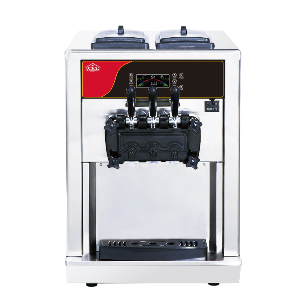 KRD three flavour ice cream and frozen yoghurt machine with sleek stainless steel design, ideal for restaurants and cafés.