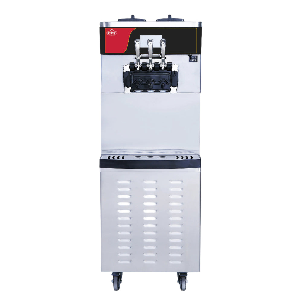 KRD three-flavour soft serve ice cream and frozen yogurt machine with air pump function in stainless steel design.