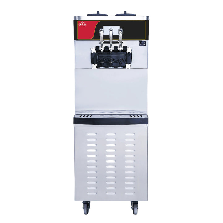 KRD three-flavour soft serve ice cream and frozen yogurt machine with air pump function in stainless steel design.