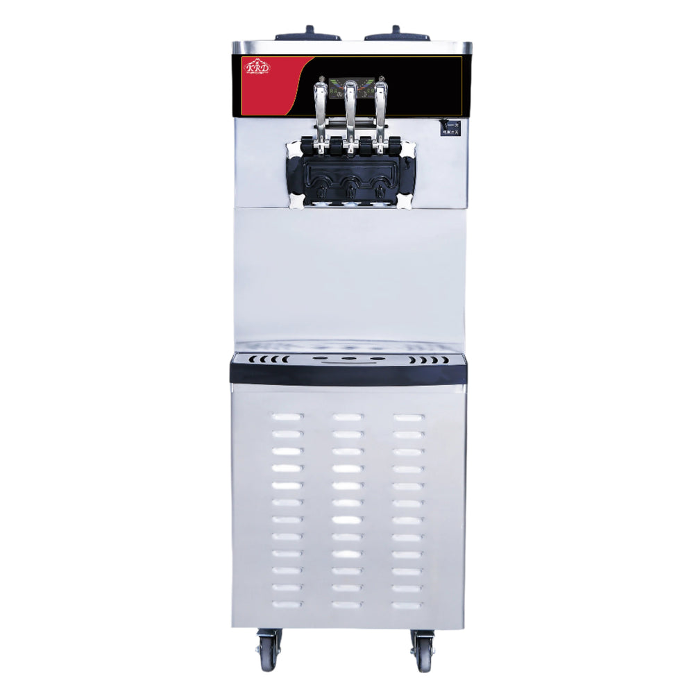 KRD three-flavour soft serve ice cream and frozen yogurt machine with air pump, stainless steel design, high capacity.