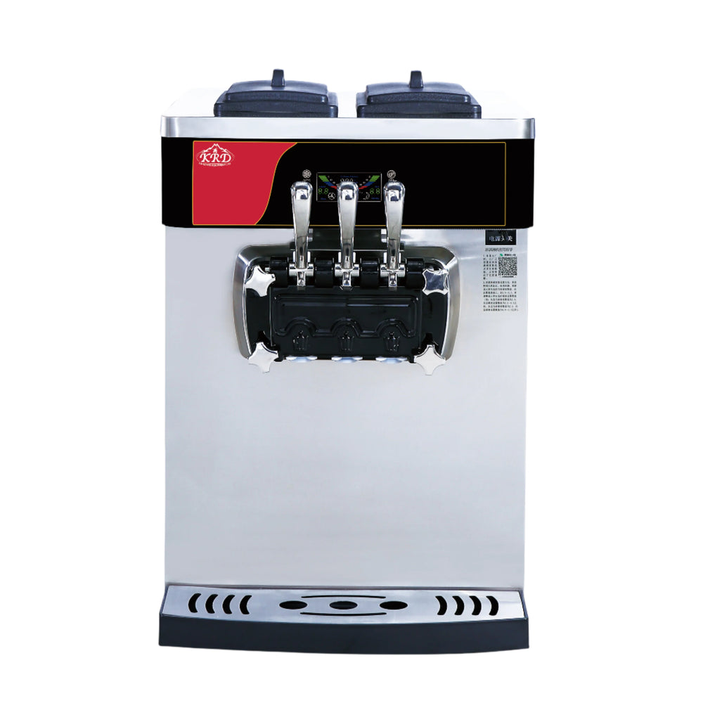 KRD three flavour soft serve ice cream and frozen yoghurt machine with air pump function, stainless steel design.